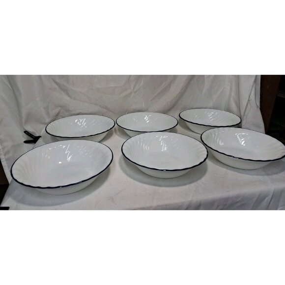 Set of  6 Corning Corelle Blue Rim Velvet Swirl 7 1/4" Soup Cereal Salad Bowls - Picture 1 of 9